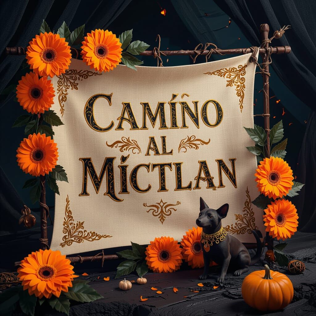 Camino al Mictlan: Golden Title with Catrinas and Xoloitzcui...