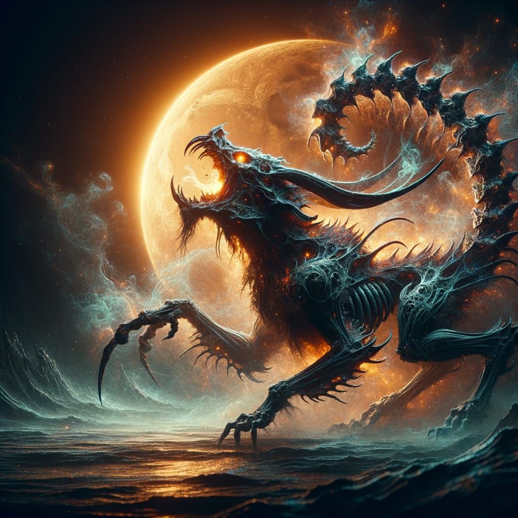 Monstrous Bonebeast Howling Under Orange Moon