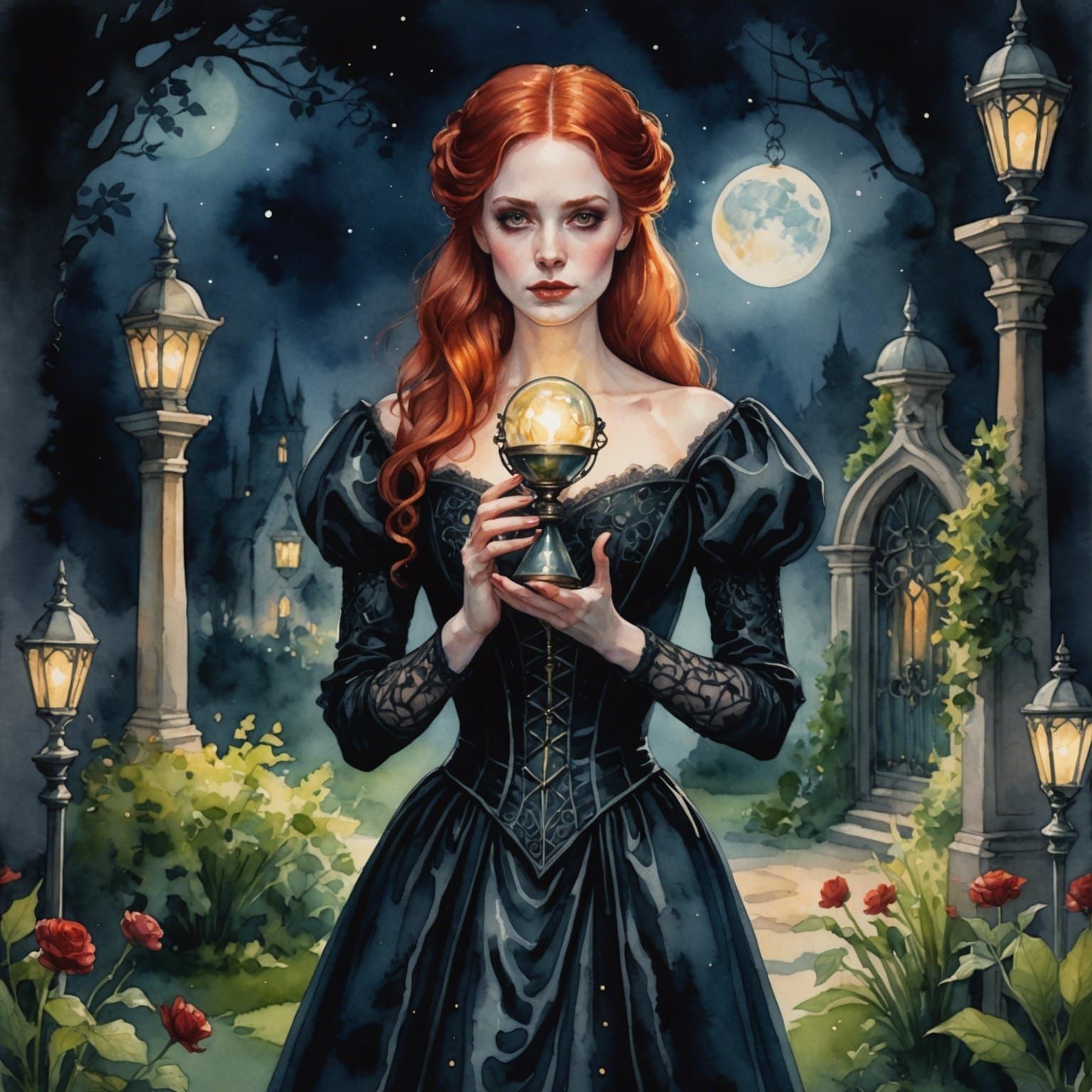 Red-Eyed Woman with Light, Watercolor Style