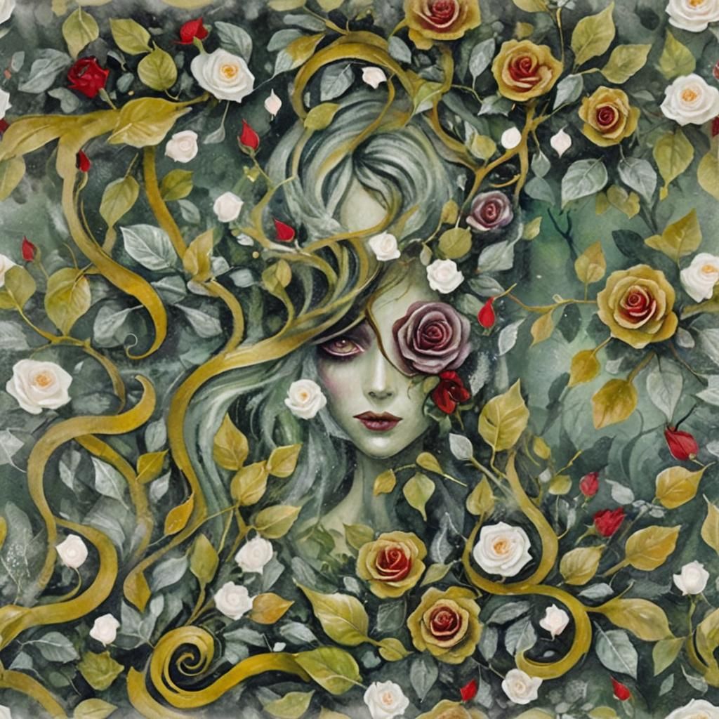 Punk Woman with Rose in Misty Forest