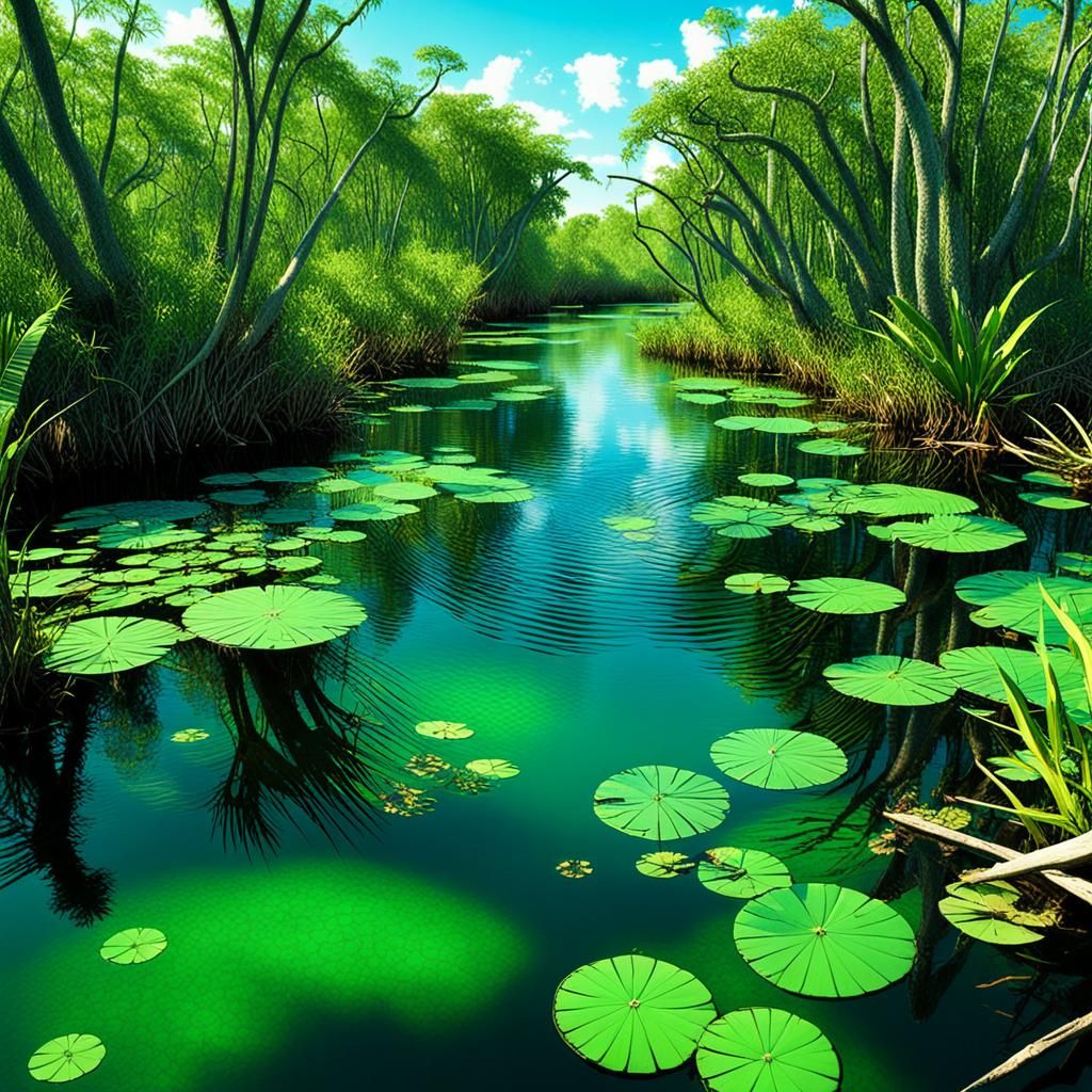 Intense Blue and Green Swamp: Hyperrealistic 3D Rendering