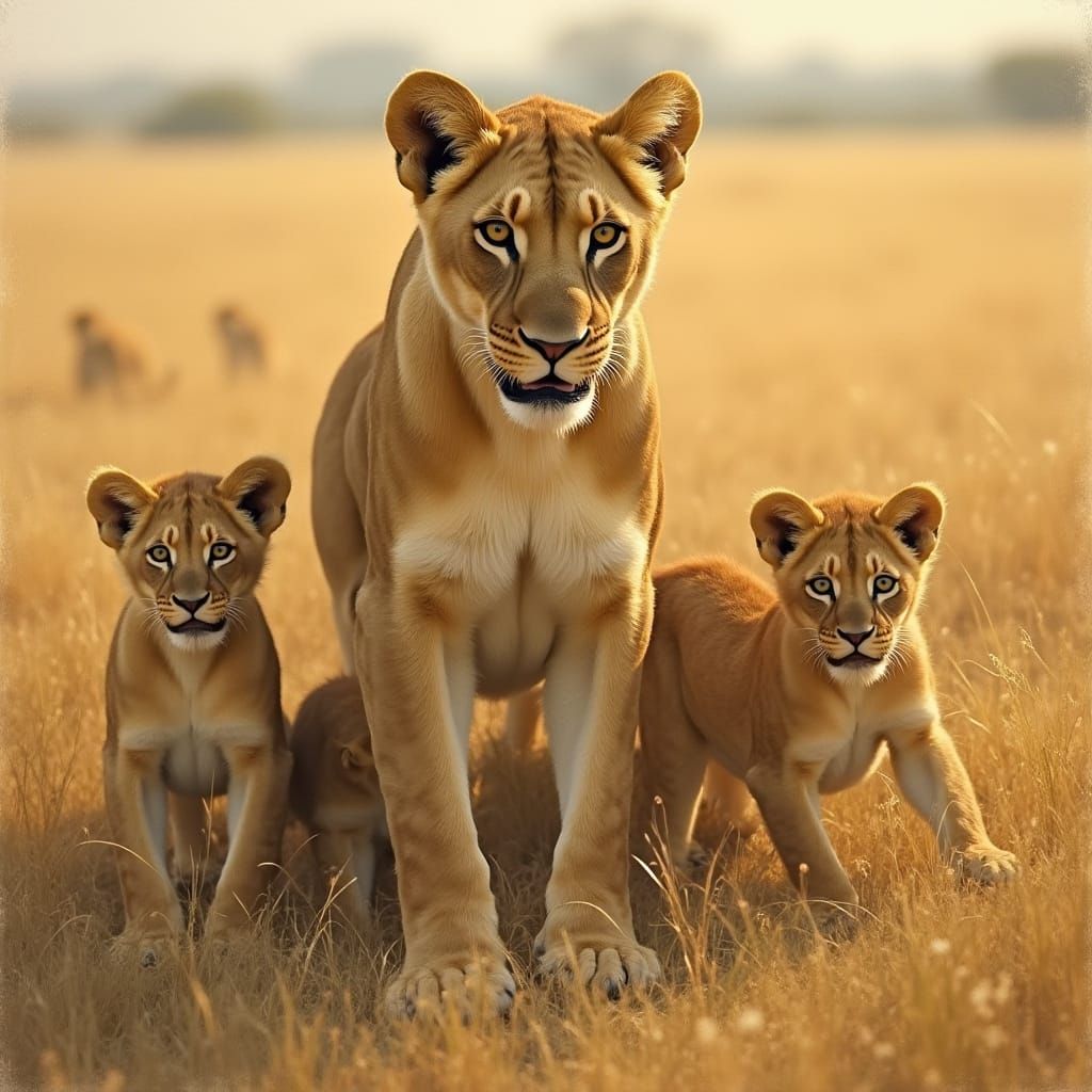 Lioness and Cubs in Golden Savannah Light