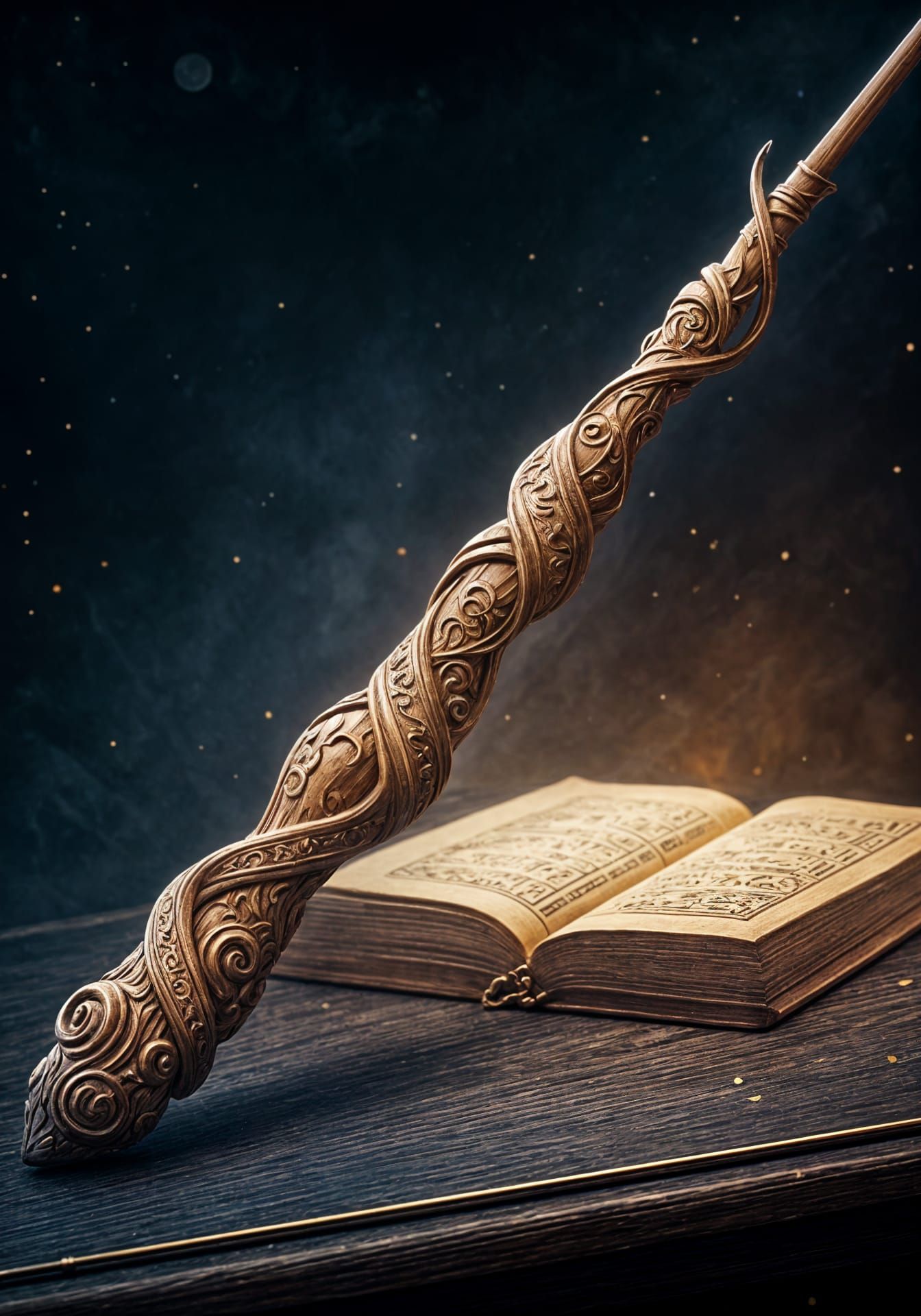 Intricately Carved Wizard's Wand on Granite Table