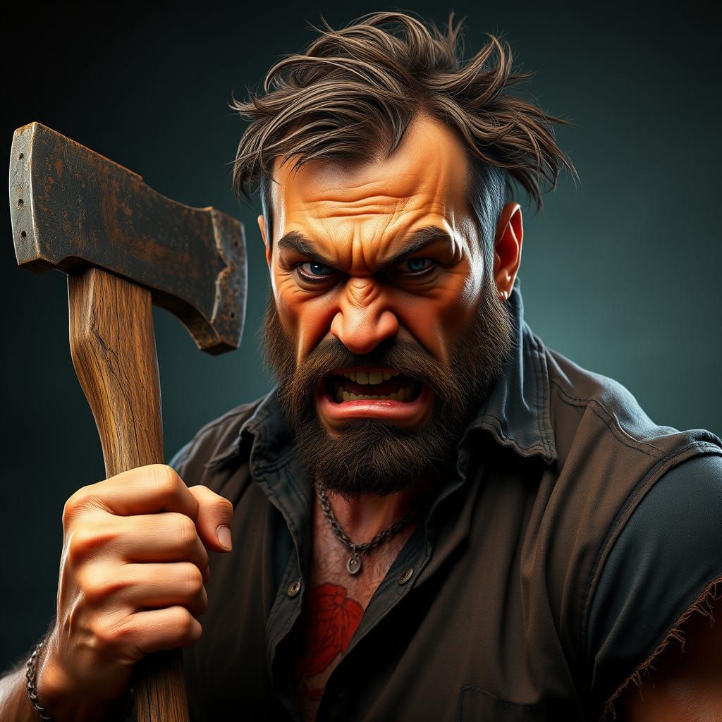 Bulky Man in Burnt Orange Tint Holding Ax in Rage