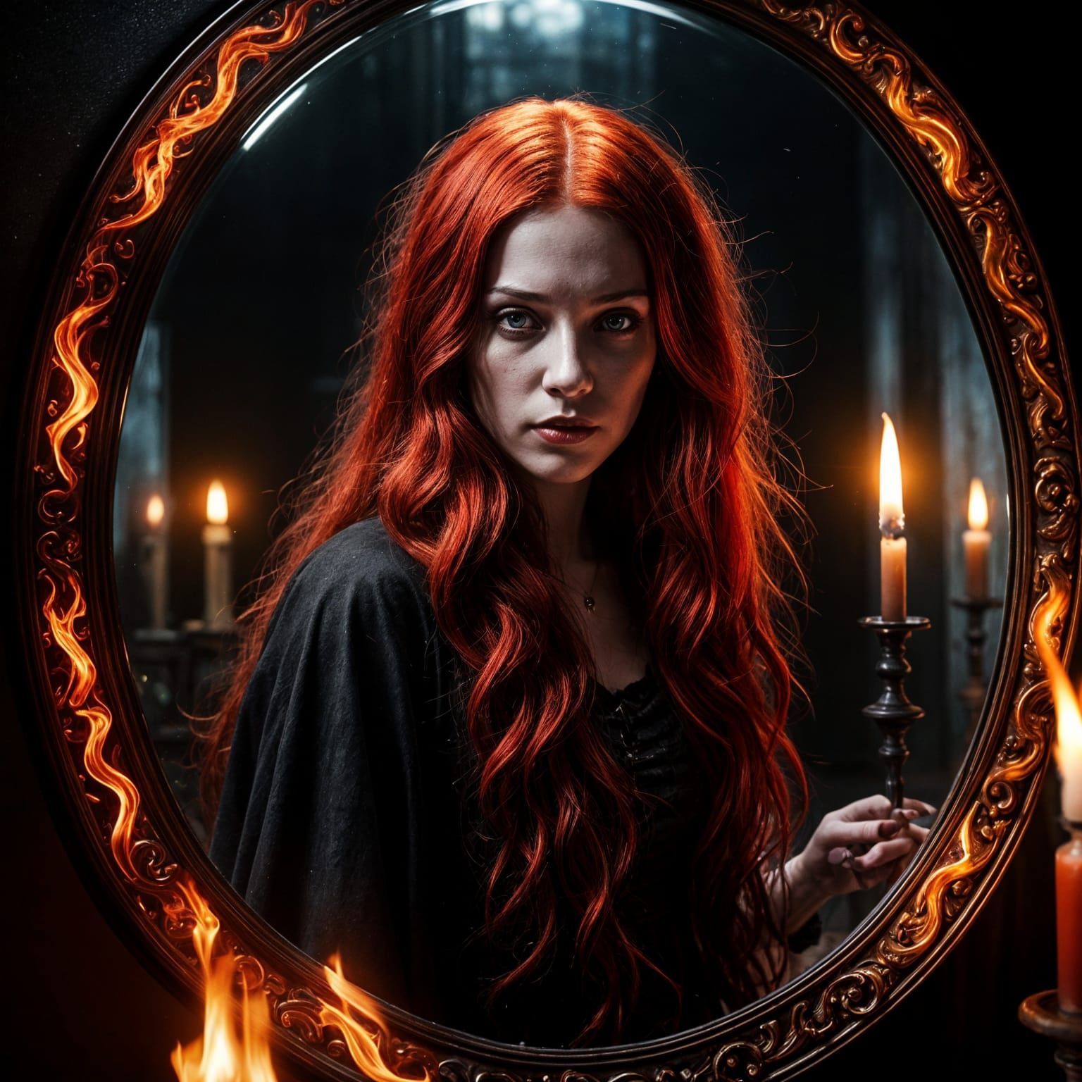 Fiery Gothic Horror Mirror Reflection in 3D