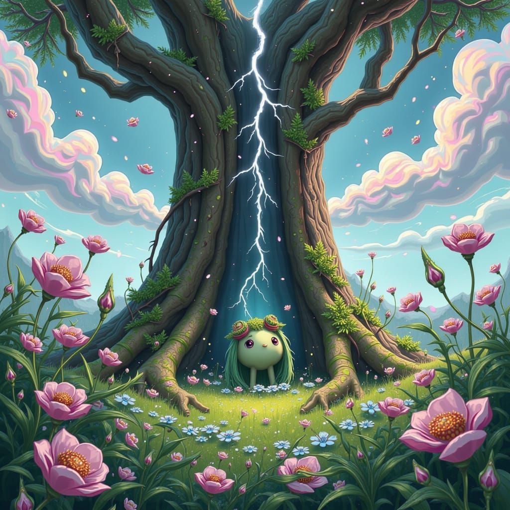 Moss Critter and Lightning Tree in Dreamy Landscape