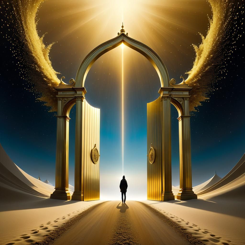 Surreal Dreamscape with Distorted Perspective and Bronze Gat...