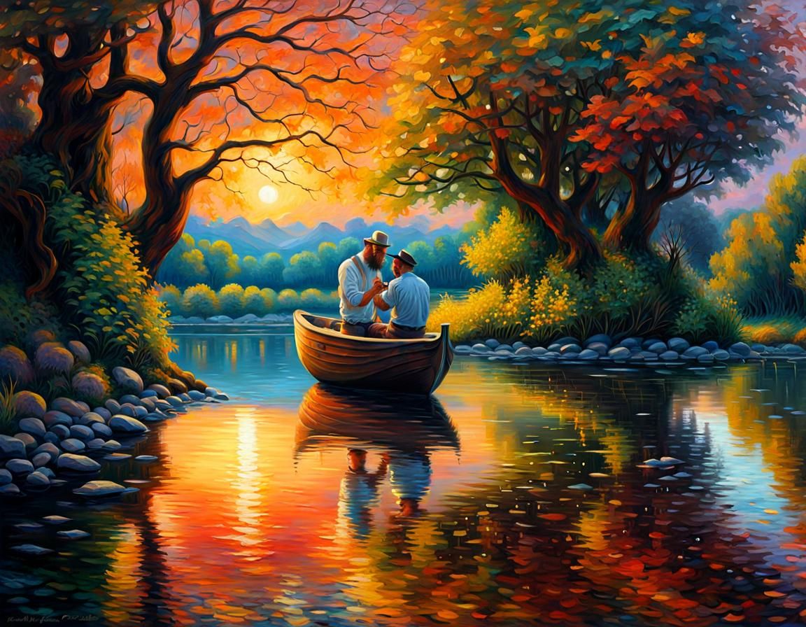 Riverscape Reflection: Man Shaving in Expressionist Style