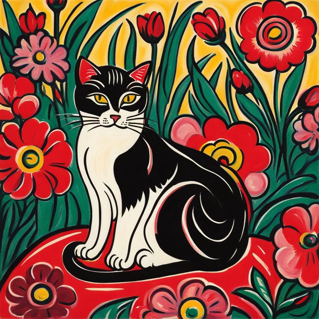 Cute Cat Surrounded by Flowers in Expressionist Style