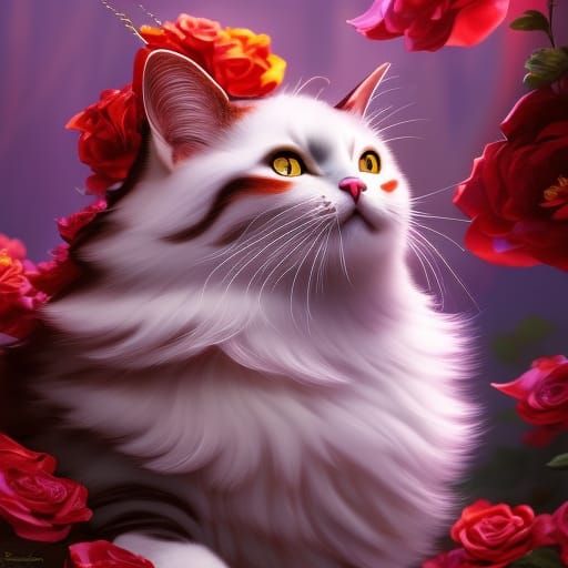 Cute Cat in Roses: Whimsical Gouache Painting