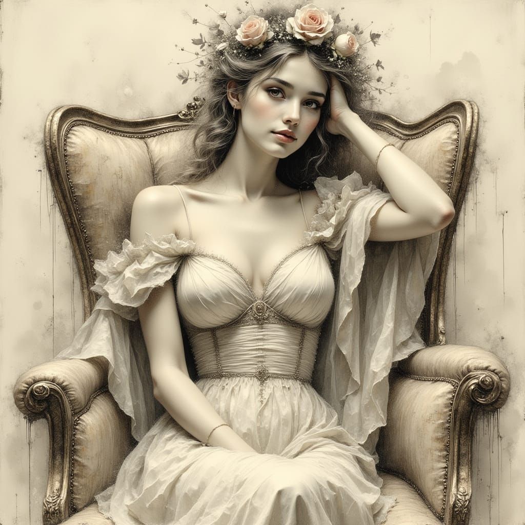 Surreal Pencil and Charcoal Portrait of a Woman in an Armcha...