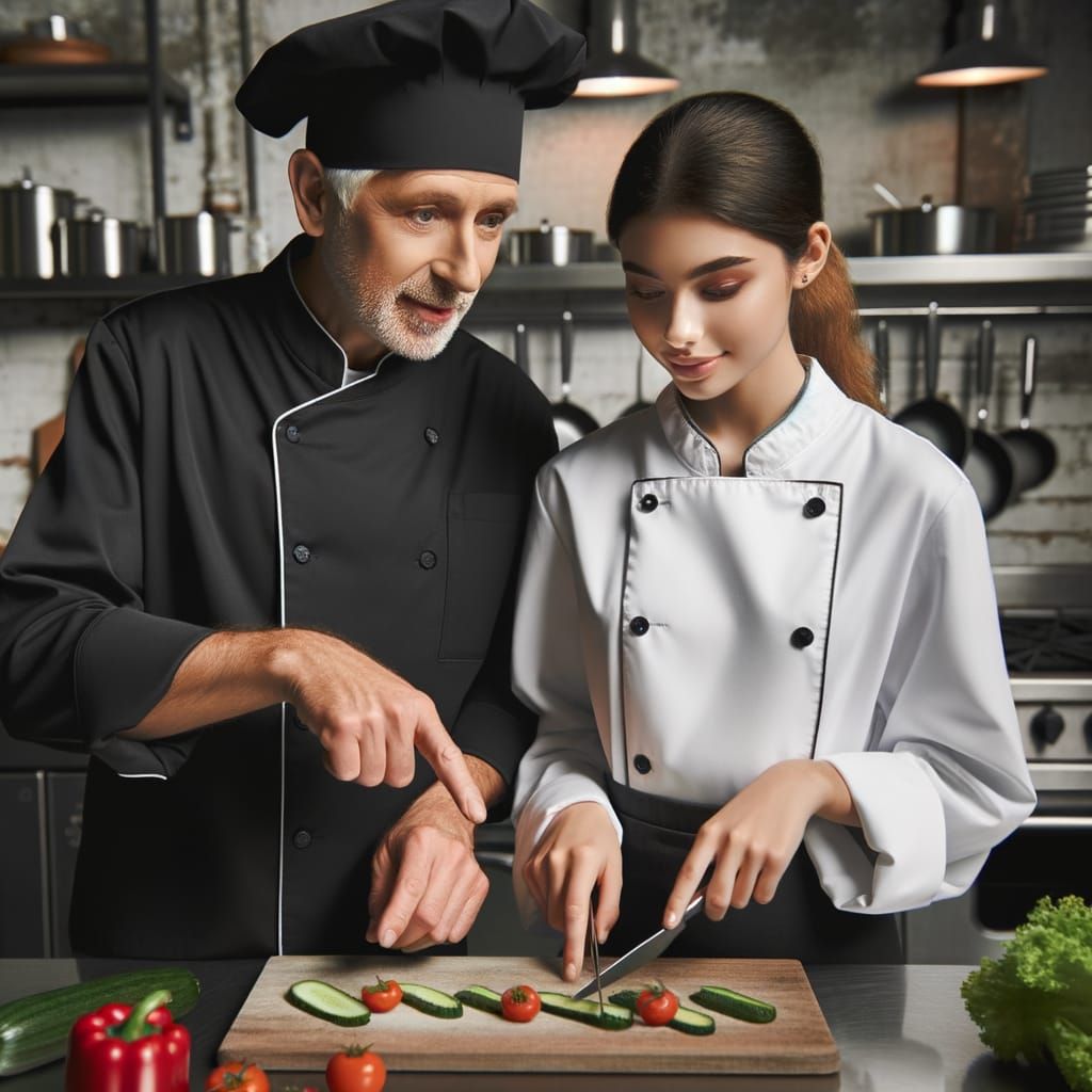 Chef Instructs Apprentice in Culinary Arts
