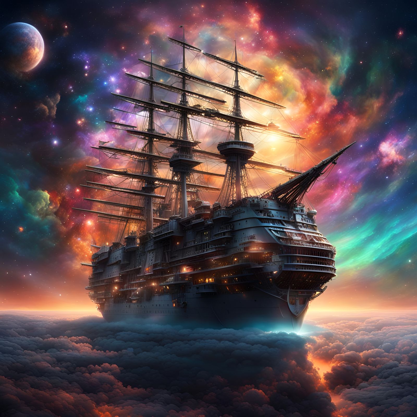 Epic Spaceship Among Colorful Space Dust