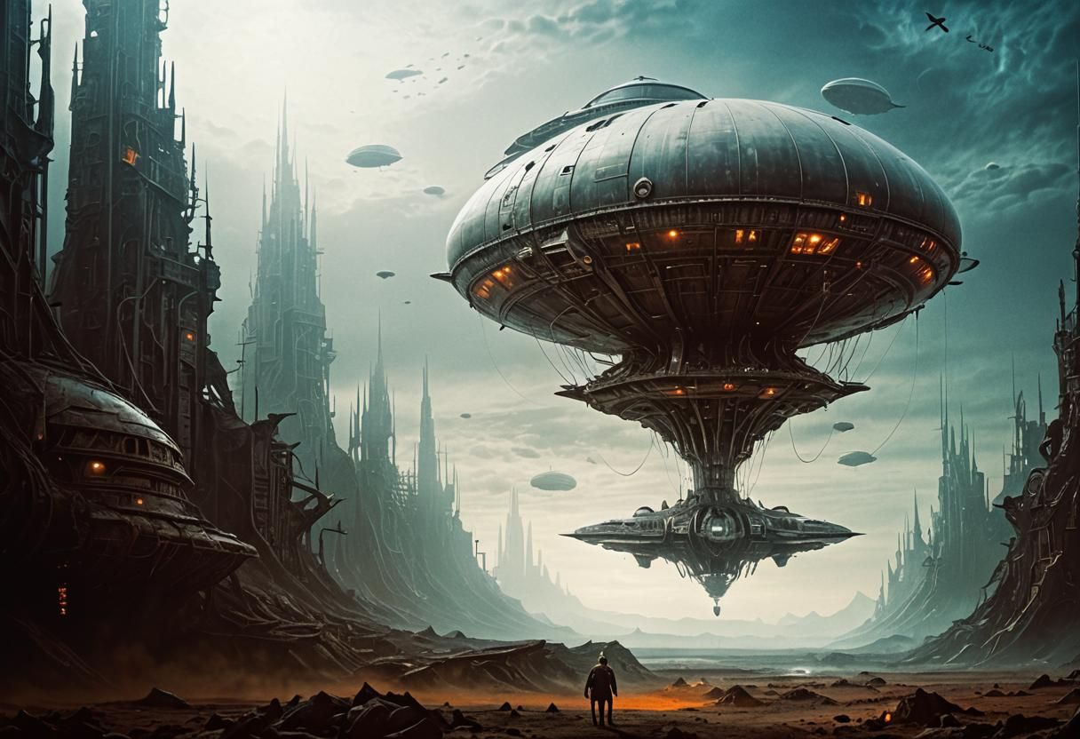 Biomechanical Airship Arrival on Alien Planet