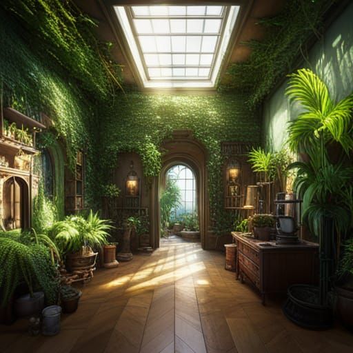 Luminous Room with Indoor Plants in Dark Fantasy Art