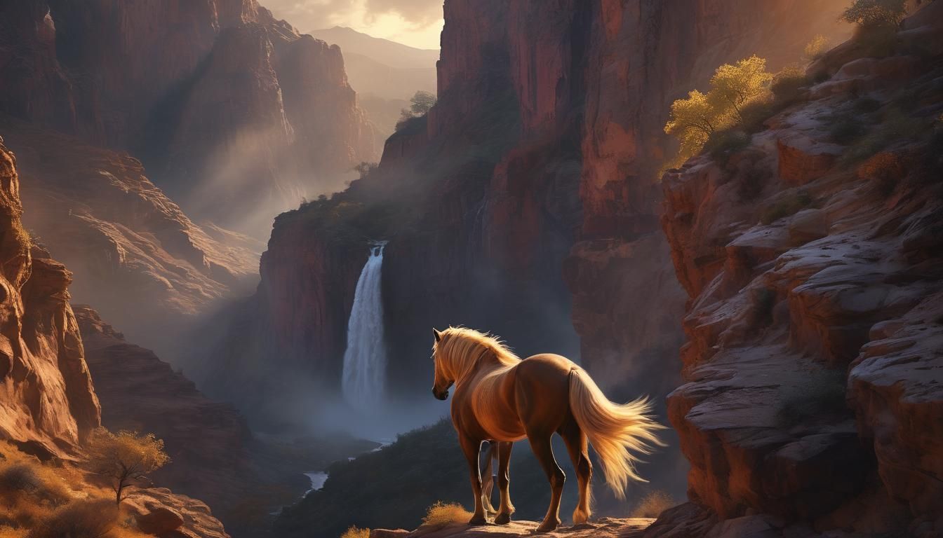 Horse in Canyon at Golden Hour: Fauvist Digital Art