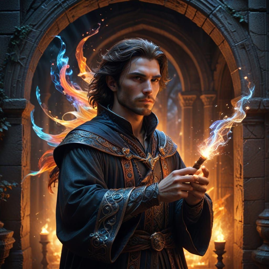 Young Wizard Conjures Magic in Castle Archway