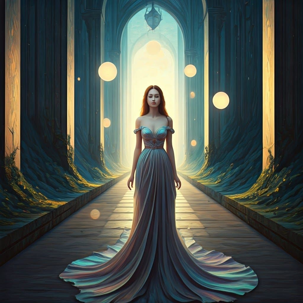 Ethereal Woman in Dreamscape with Luminescent Orbs