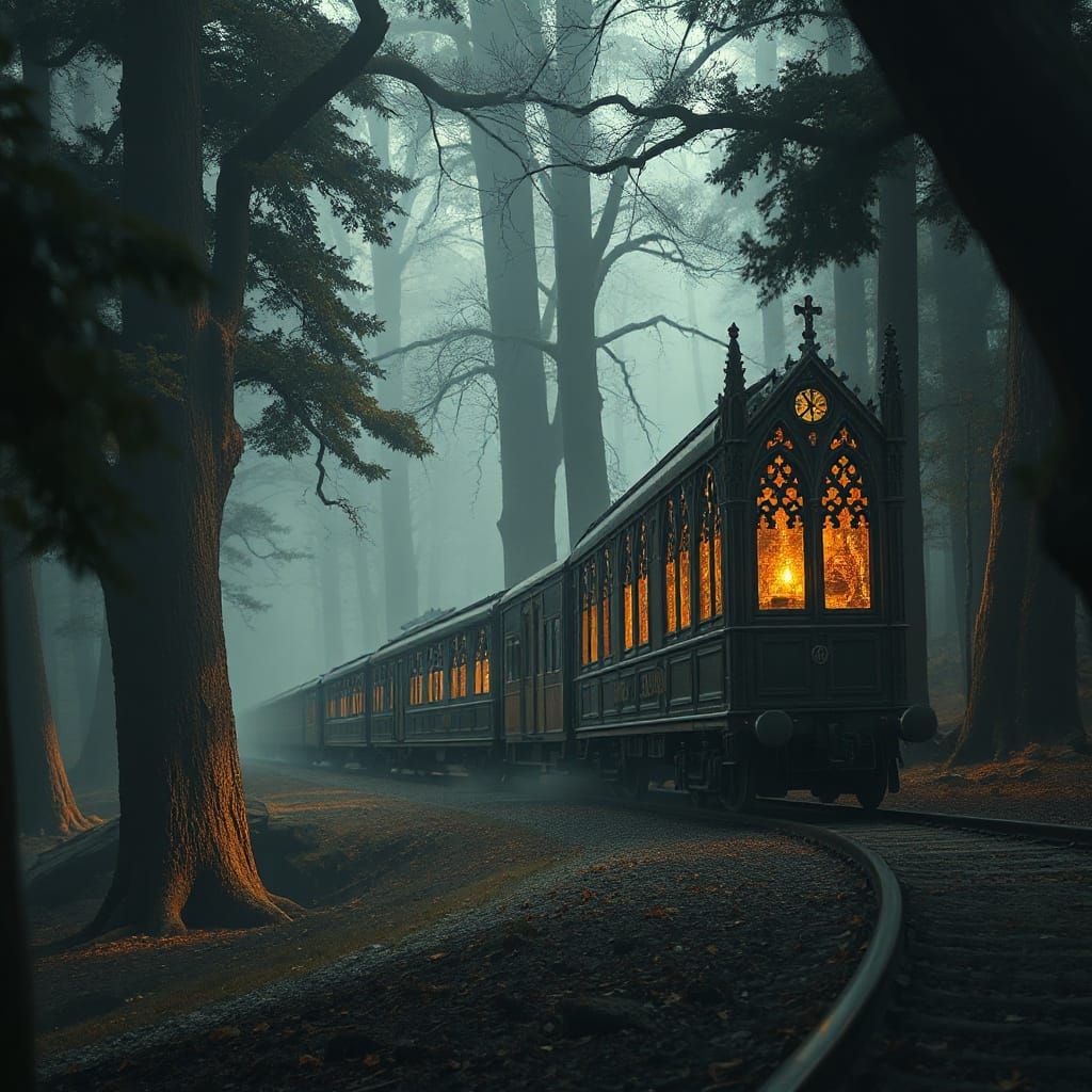 Mystical Cathedral Train in Forest: Digital Art