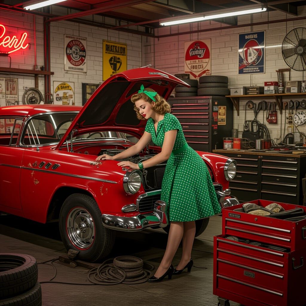 1950s Pin-Up Girl Repairs Vintage Racing Car