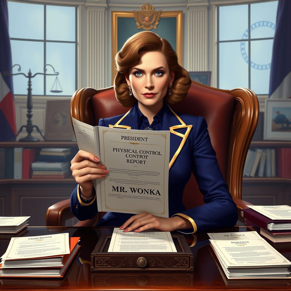 Elegant Female President Overseeing Wonka Case