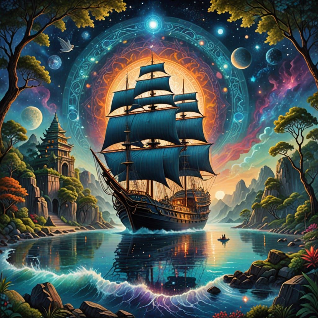 Sailing Ship Approaches Dreamlike Island Temple