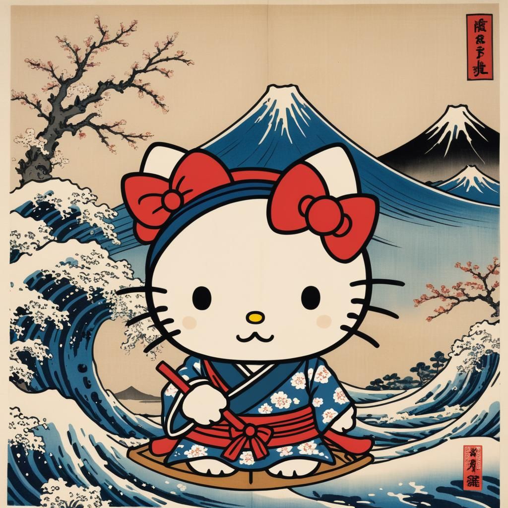 Hello Kitty in Ukiyo-e Style by Hokusai