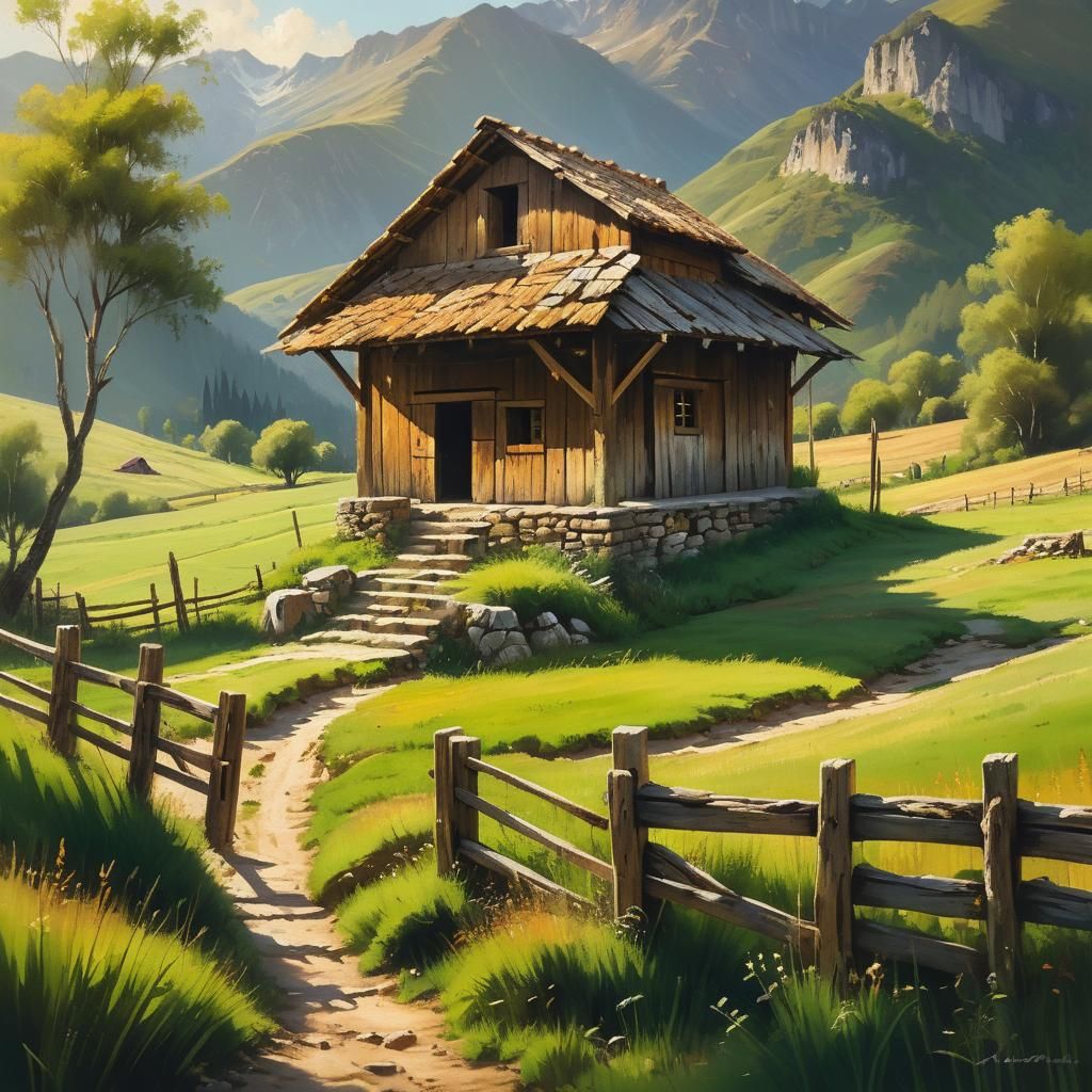 Horreo in Lush Meadow: Rustic Landscape Painting