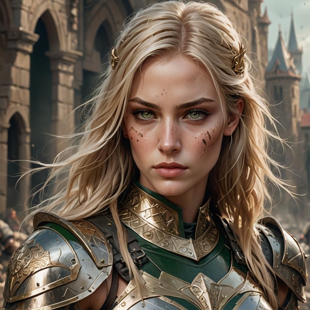 Strong Female Warrior in Silver and Gold Armor