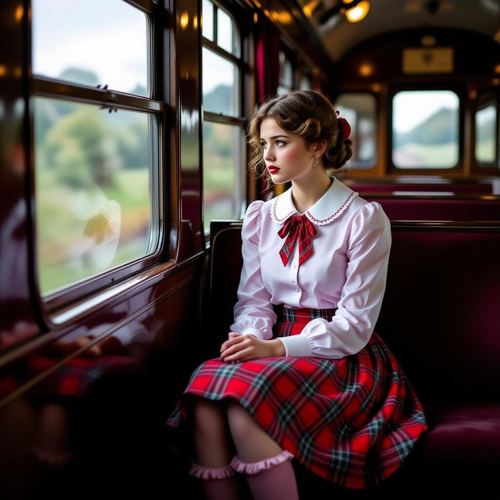 Melancholic Girl on Vintage Train Journey
