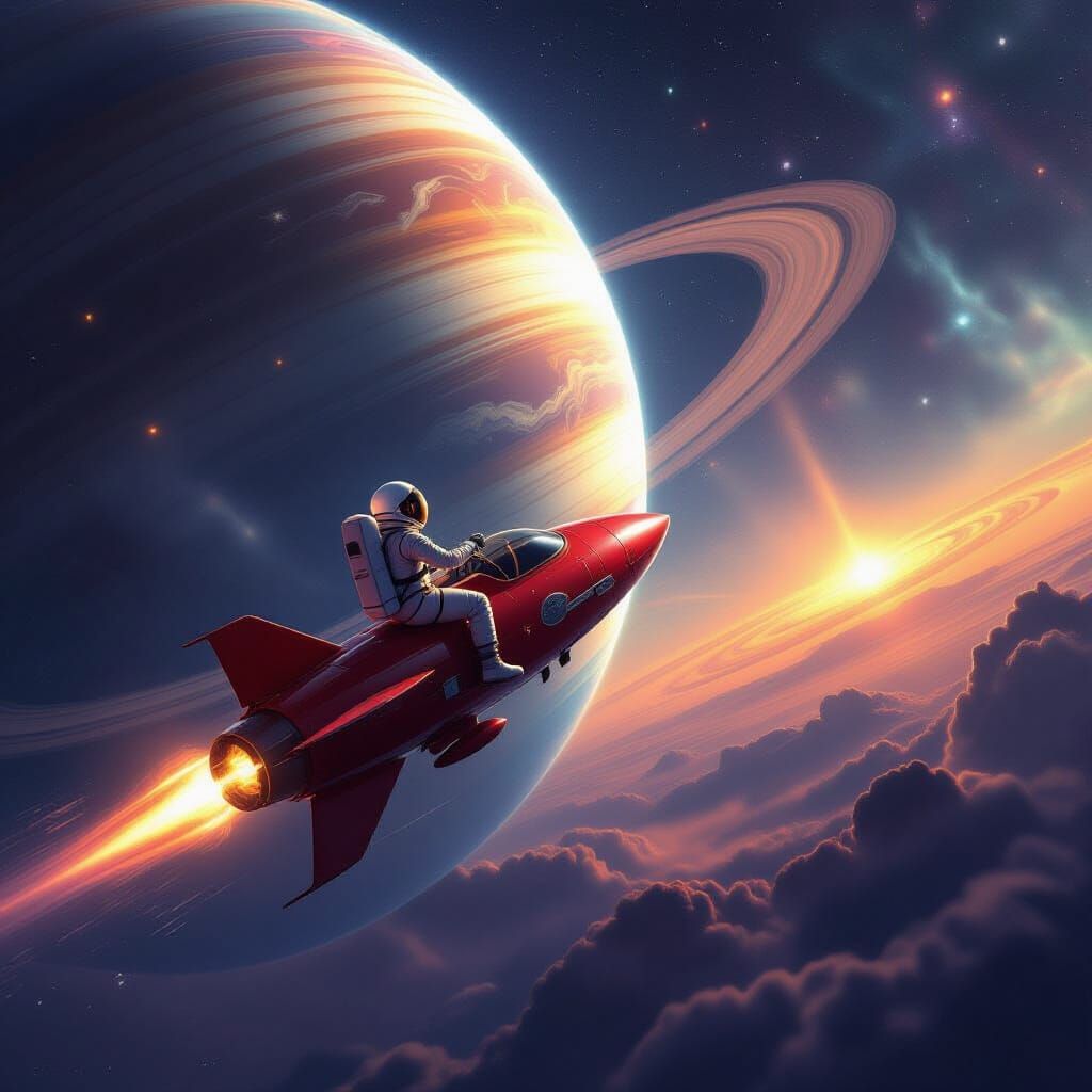 Astronaut Floats by Rocket Near Swirling Planet