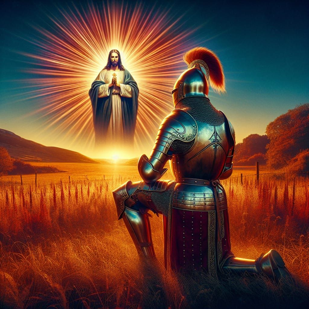 Knight Praying to Christ in Sunset, Renaissance Style