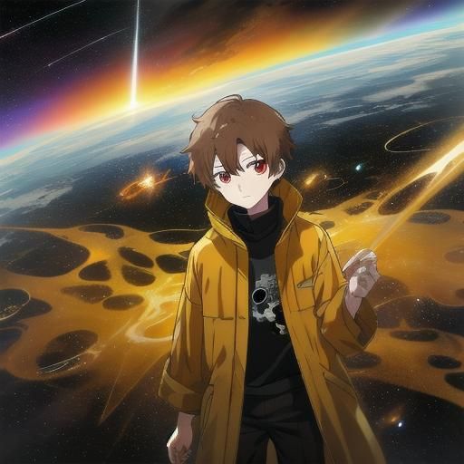 Boy in Yellow Raincoat on Space Road: Anime Style