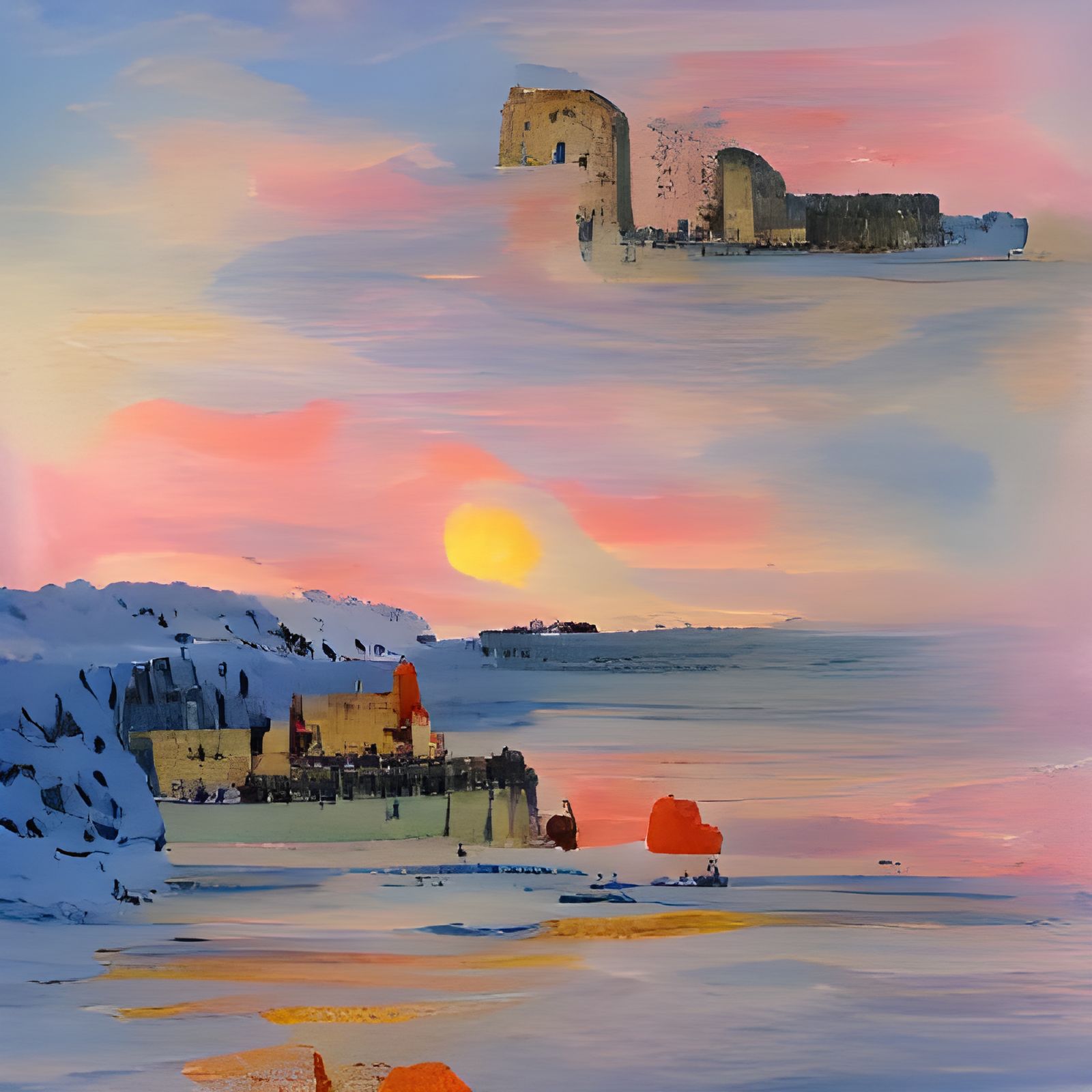 Seaside Stone Castle at Sunrise in Gouache