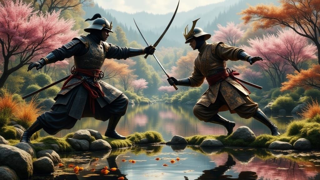 Samurai in Traditional Armor Battles Stealthy Ninja in Japan...