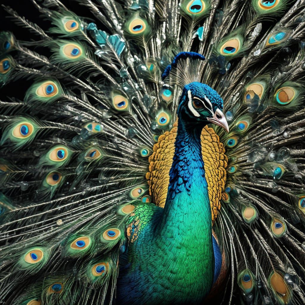 Ultra Detailed White and Teal Peacock with Water and Color S...