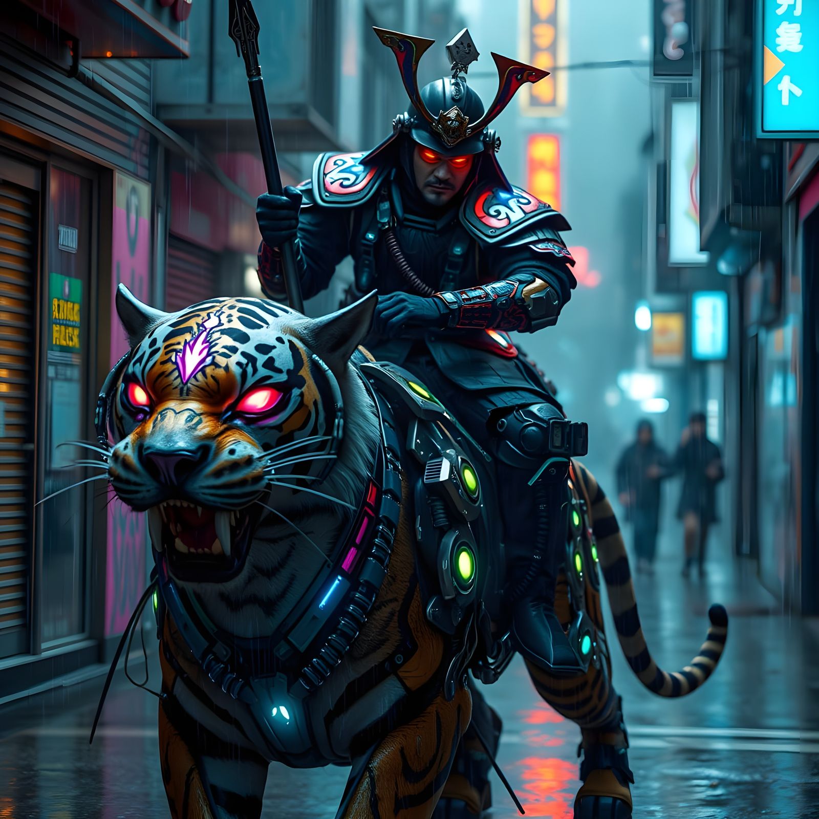Cyberpunk Samurai on Cybernetic Tiger Ride Through Rainy All...