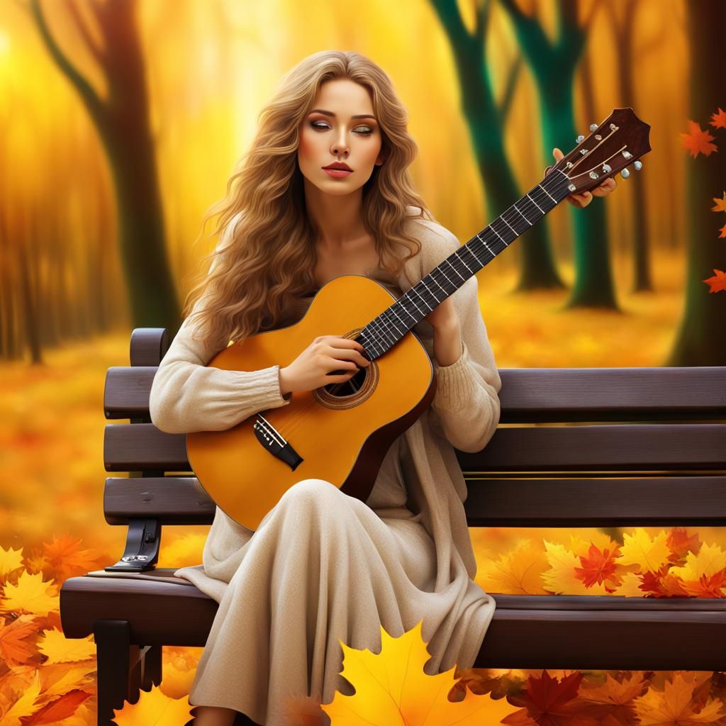 Young Woman Singer in Autumn Park with Guitar