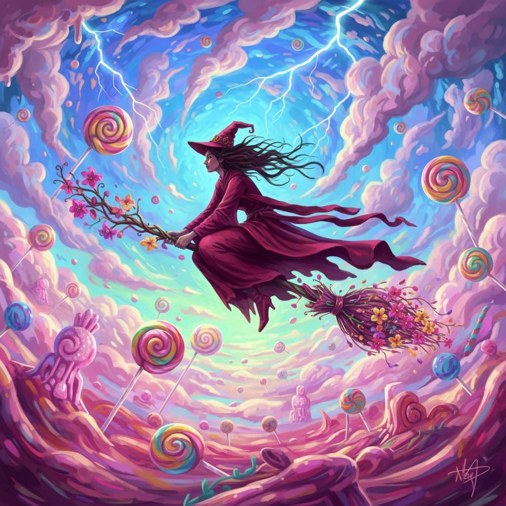 Witch Soaring Through Candy Storm on Vine Broomstick