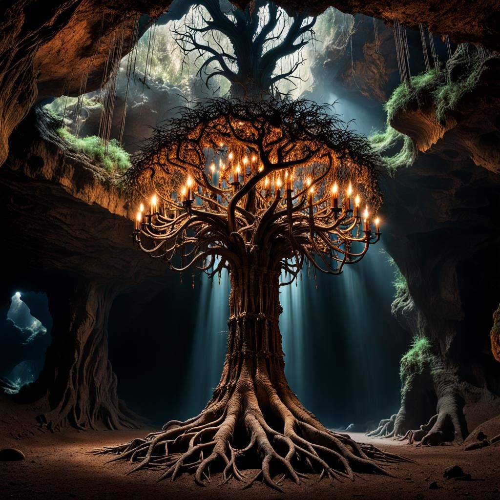 Tree Root Chandelier Lit by Phoenix Birds