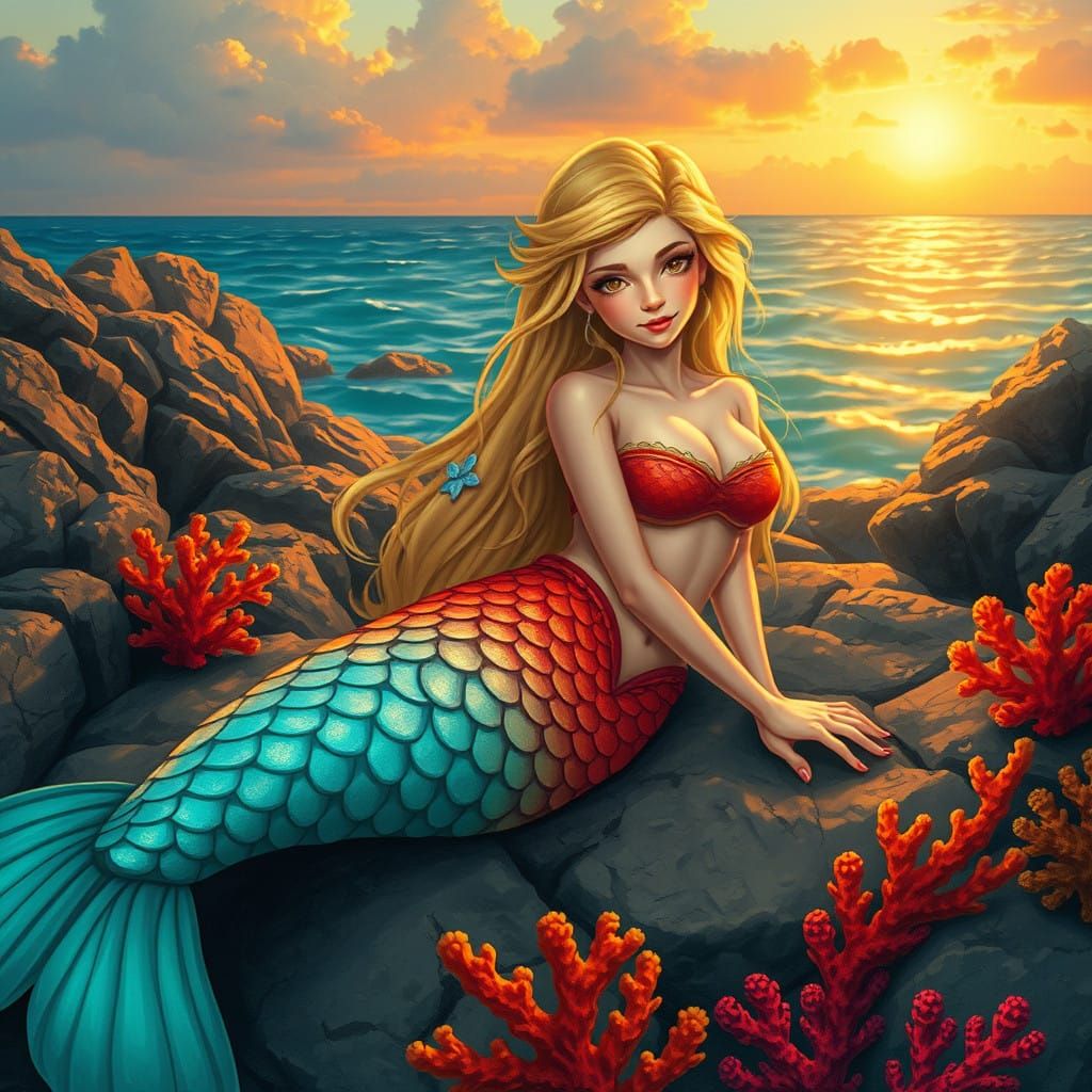 Ethereal Mermaid at Sunset in Whimsical Art Style