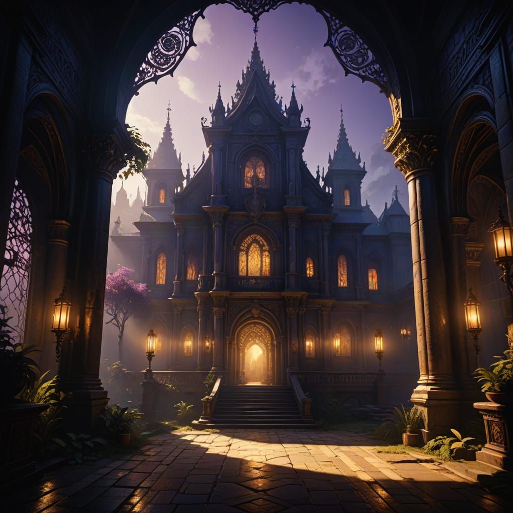 Dark Fantasy Cityscape in Mysterious Golden Hour