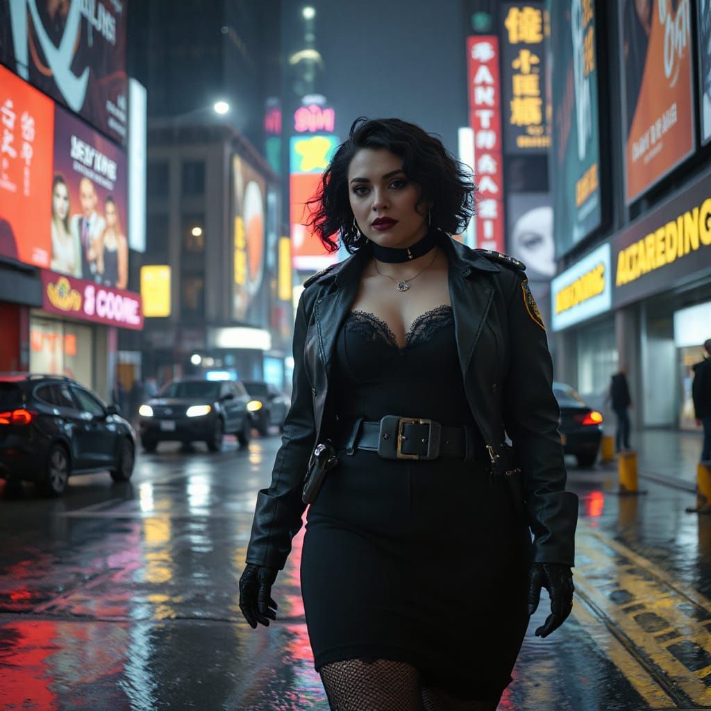 Goth Policewoman in Rainy Cyberpunk Cityscape