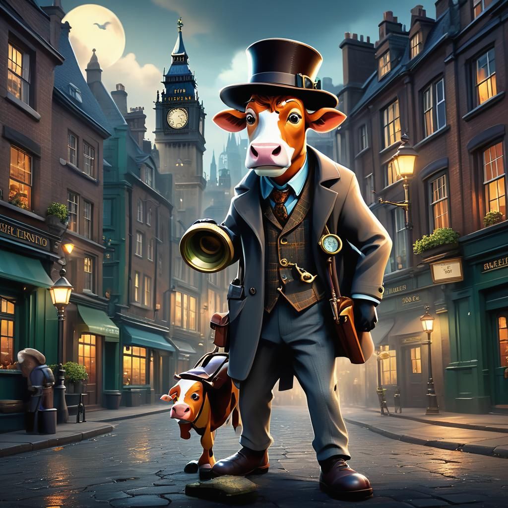 “A charming cow cartoon detective with a magnifying glass an...