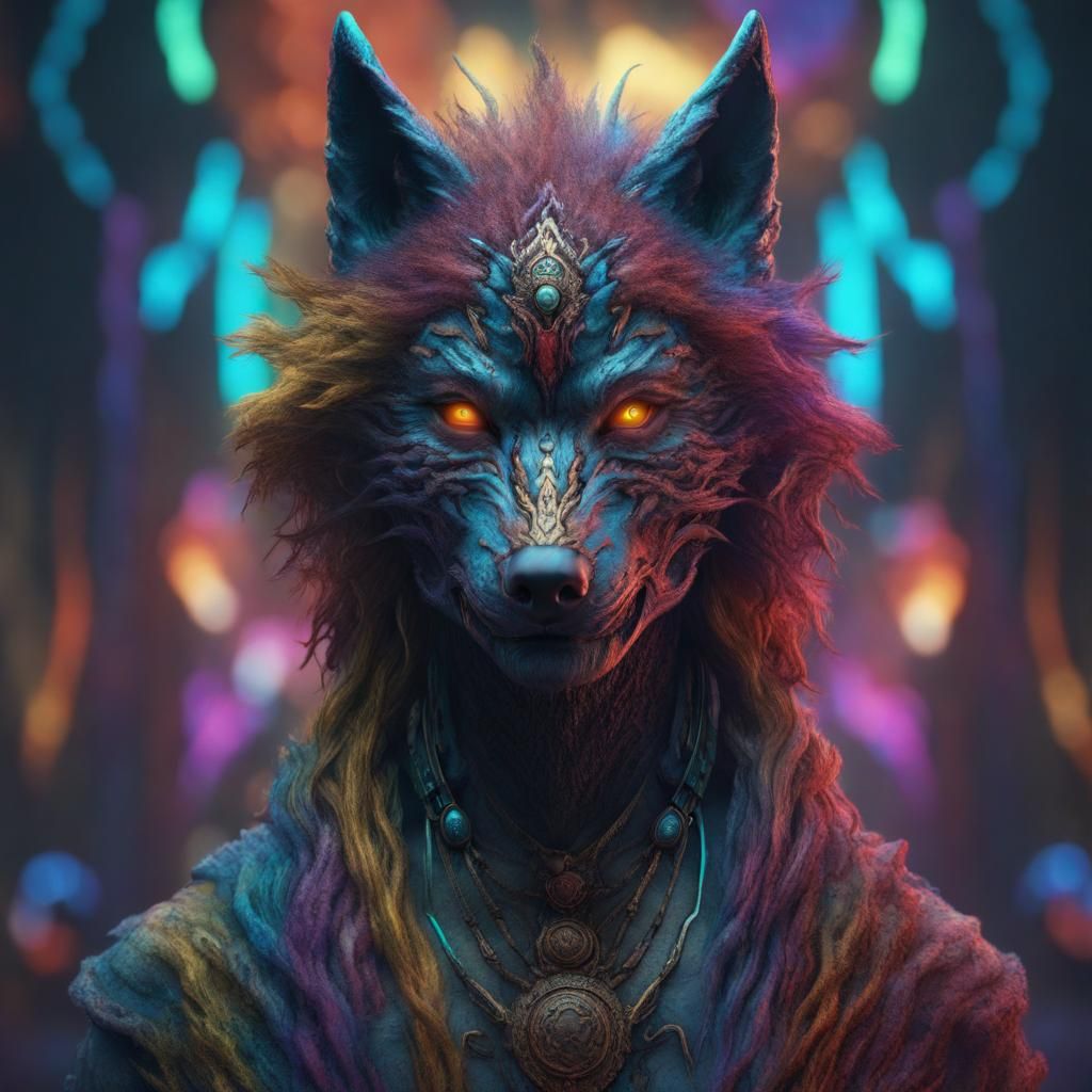 Detailed Multi-Colored Wolf Person in Fantasy Art Style