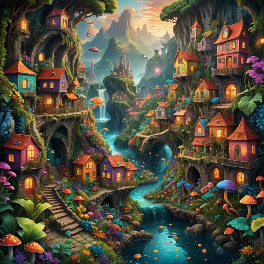 Fantasy Cityscape with Seahorses in an Underground World