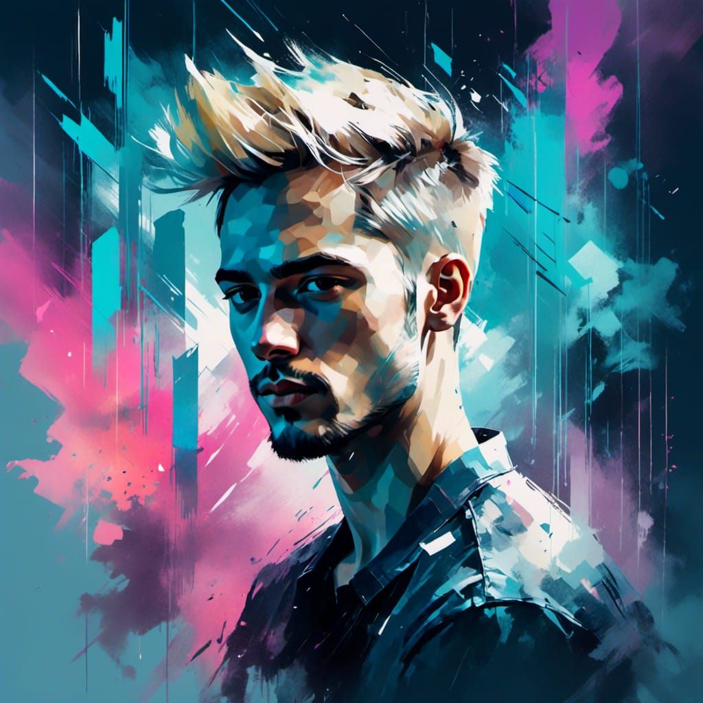 Futuristic Glitch Art Portrait of a Blonde Man