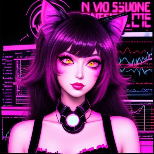 Cute Catgirl Invests: Synthwave Neon Retro Art