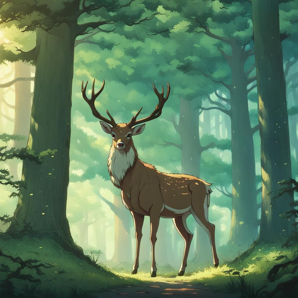 Deer with Antlers in Ghibli Forestscape