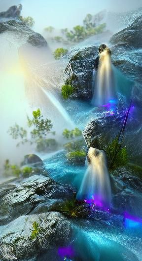 Sapphire Waterfall: Holographic 3D Digital Illustration